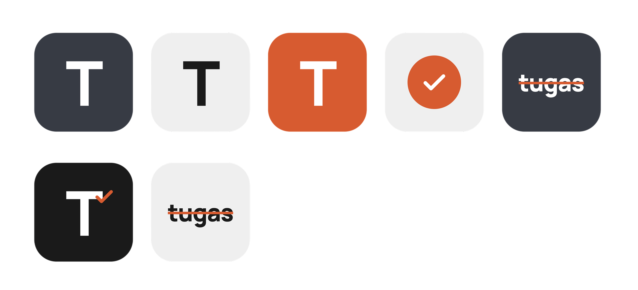 Rows of app icon sketches explored before the final TUGAS icon